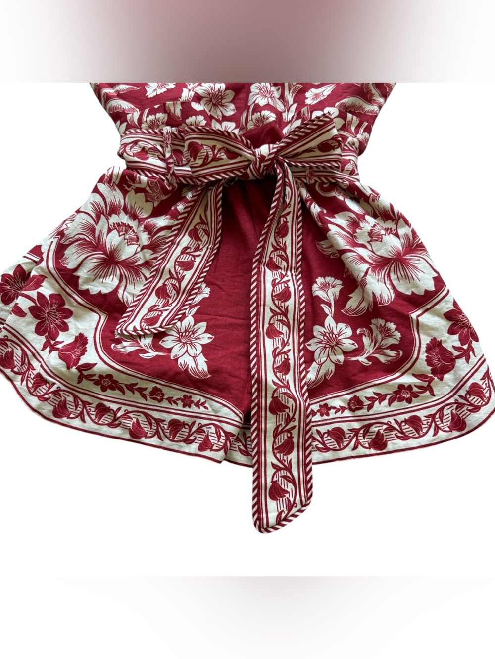 FARM Rio Guanacaste Red Gathering Romper L NWT Linen Floral Belted Jumpsuit $198 - Picture 6 of 16